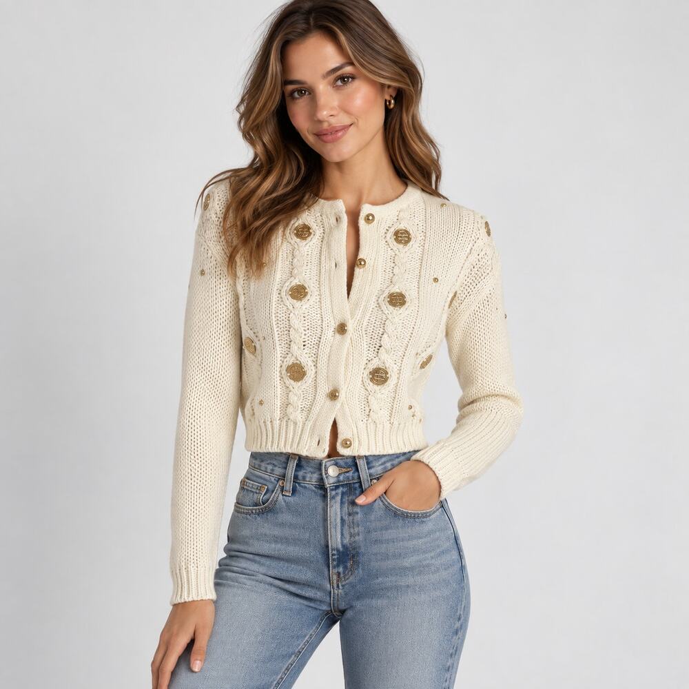 Vintage 90s Croquet Club Ivory Cropped Cable Knit Cardigan Sweater S